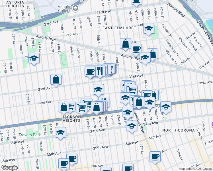 map of restaurants, bars, coffee shops, grocery stores, and more near 31-20 91st Street in Queens