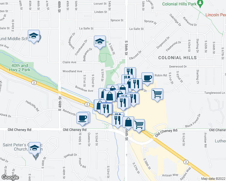 map of restaurants, bars, coffee shops, grocery stores, and more near 5530 Shady Creek Court in Lincoln