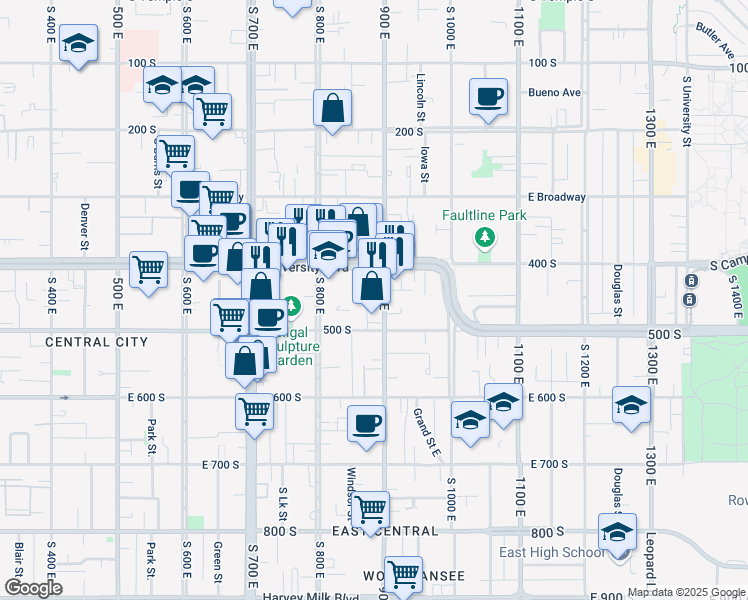 map of restaurants, bars, coffee shops, grocery stores, and more near 444 900 East in Salt Lake City