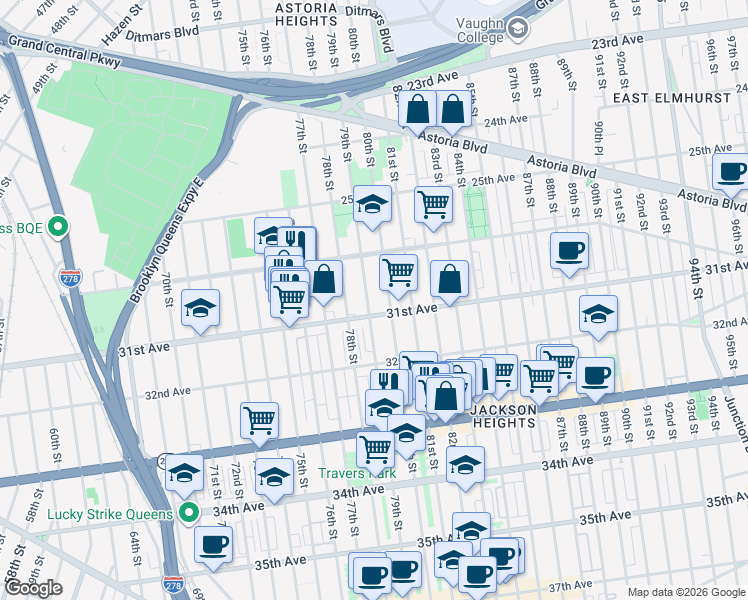 map of restaurants, bars, coffee shops, grocery stores, and more near 30-49 79th Street in Queens