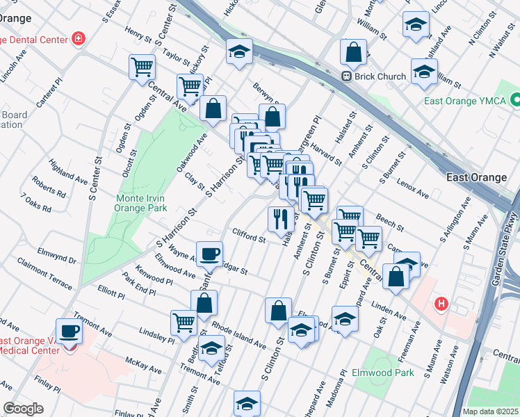 map of restaurants, bars, coffee shops, grocery stores, and more near 37 Cambridge Street in East Orange