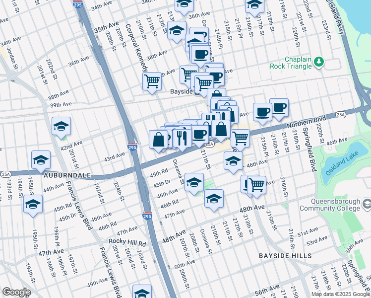 map of restaurants, bars, coffee shops, grocery stores, and more near 20965 Northern Boulevard in Queens