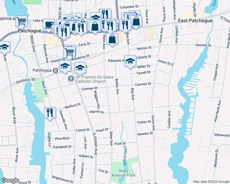map of restaurants, bars, coffee shops, grocery stores, and more near 155 Rider Avenue in Patchogue