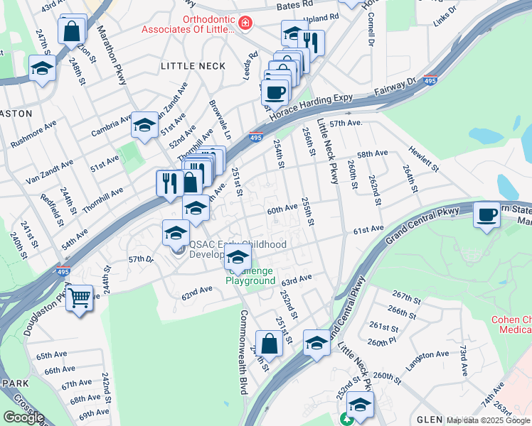 map of restaurants, bars, coffee shops, grocery stores, and more near 25302 60th Avenue in Queens