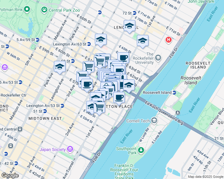 map of restaurants, bars, coffee shops, grocery stores, and more near 1075 1st Avenue in New York