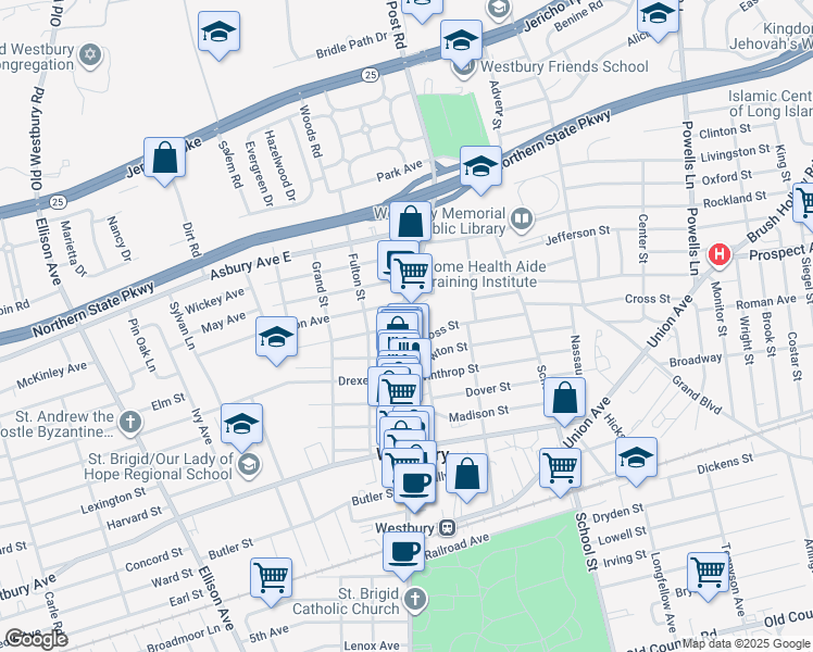 map of restaurants, bars, coffee shops, grocery stores, and more near 302 Post Avenue in Westbury