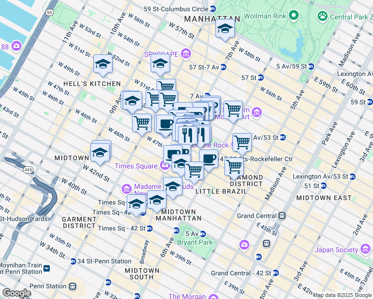 map of restaurants, bars, coffee shops, grocery stores, and more near 150 West 48th Street in New York
