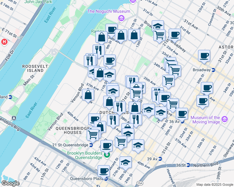 map of restaurants, bars, coffee shops, grocery stores, and more near 36-28 14th Street in Queens
