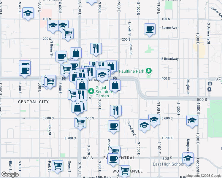 map of restaurants, bars, coffee shops, grocery stores, and more near 429 800 East in Salt Lake City