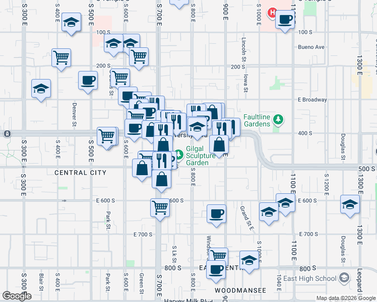 map of restaurants, bars, coffee shops, grocery stores, and more near 444 800 East in Salt Lake City