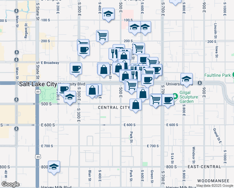 map of restaurants, bars, coffee shops, grocery stores, and more near 440 500 East in Salt Lake City
