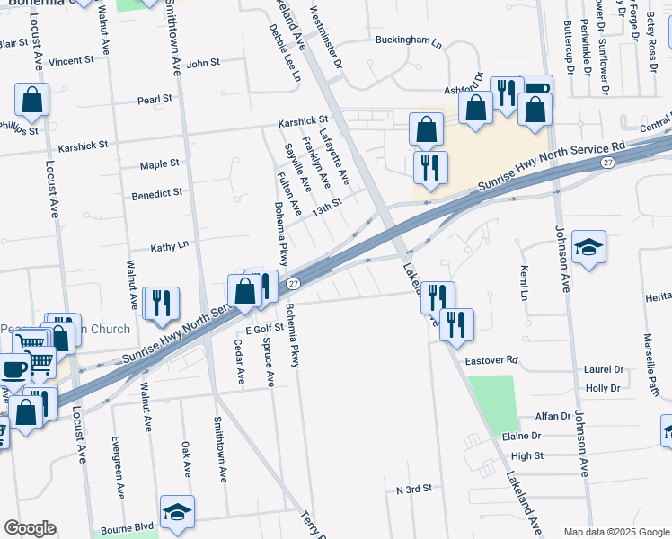 map of restaurants, bars, coffee shops, grocery stores, and more near 661 Fulton Avenue in Sayville