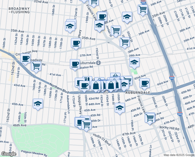 map of restaurants, bars, coffee shops, grocery stores, and more near 19207 42nd Avenue in Queens