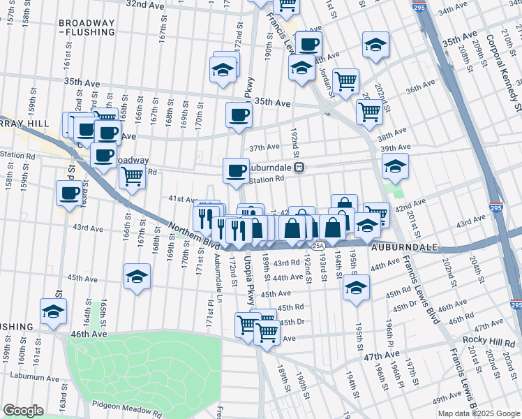 map of restaurants, bars, coffee shops, grocery stores, and more near 188-15 42nd Avenue in Queens