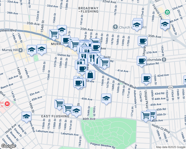 map of restaurants, bars, coffee shops, grocery stores, and more near in Queens
