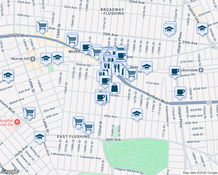 map of restaurants, bars, coffee shops, grocery stores, and more near 42-17 163rd Street in Queens