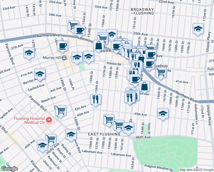 map of restaurants, bars, coffee shops, grocery stores, and more near 42-49 158th Street in Queens