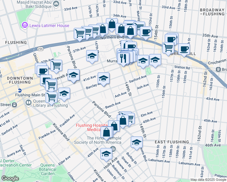 map of restaurants, bars, coffee shops, grocery stores, and more near 147-14 Sanford Avenue in Queens