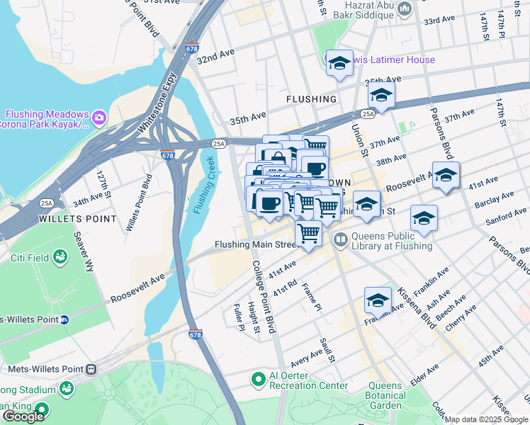 map of restaurants, bars, coffee shops, grocery stores, and more near 39-16 Prince Street in Queens