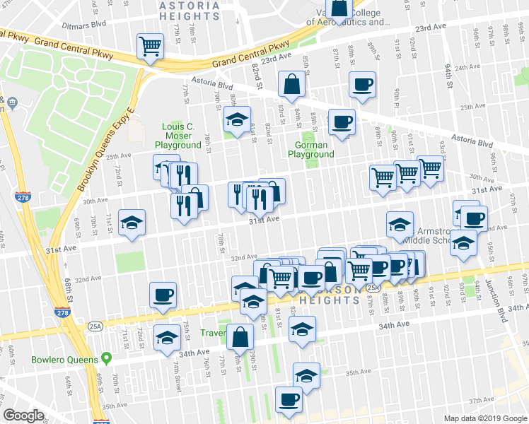 map of restaurants, bars, coffee shops, grocery stores, and more near 30-51 81st Street in Queens