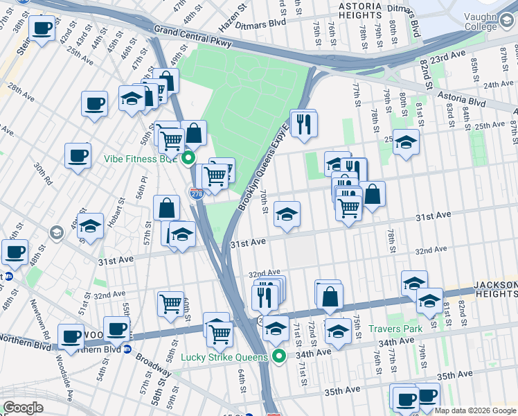 map of restaurants, bars, coffee shops, grocery stores, and more near 30-17 70th Street in Queens