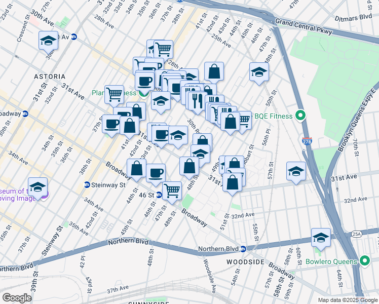 map of restaurants, bars, coffee shops, grocery stores, and more near 30-76 47th Street in Queens