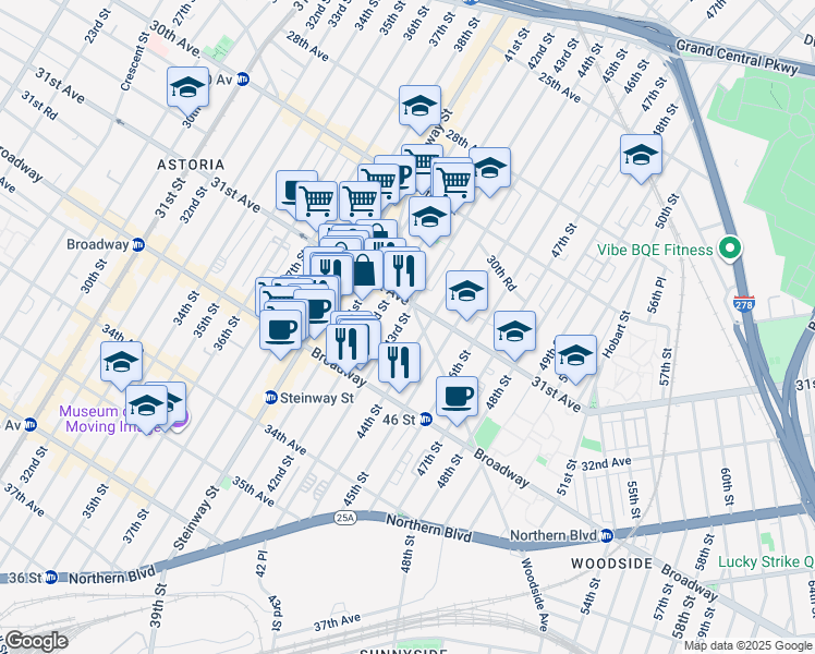 map of restaurants, bars, coffee shops, grocery stores, and more near 31-30 43rd Street in Queens