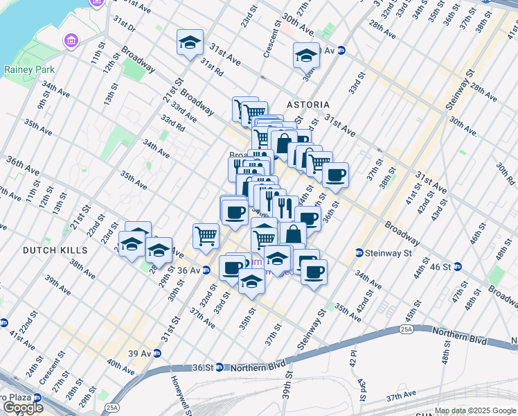 map of restaurants, bars, coffee shops, grocery stores, and more near 32-81 32nd Street in Queens