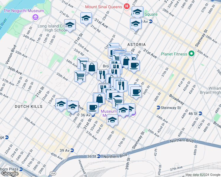 map of restaurants, bars, coffee shops, grocery stores, and more near in Queens