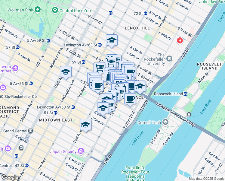 map of restaurants, bars, coffee shops, grocery stores, and more near 331 East 58th Street in New York