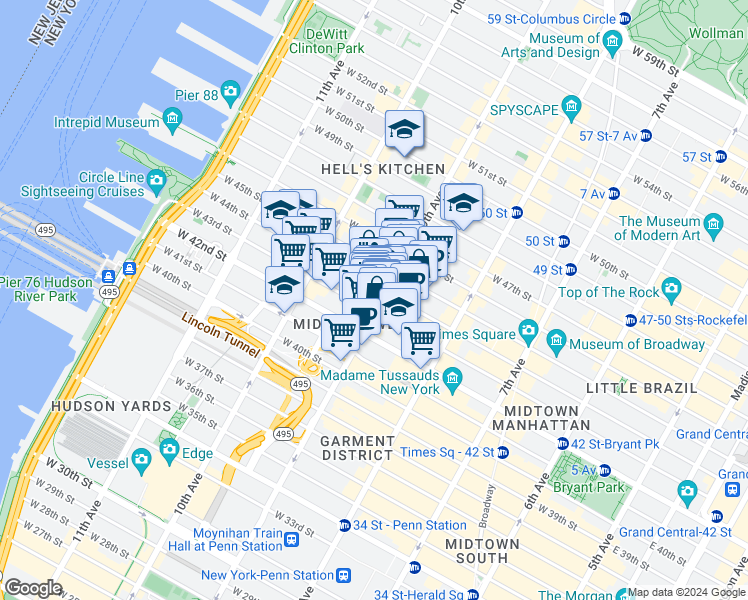 map of restaurants, bars, coffee shops, grocery stores, and more near 615 9th Avenue in New York