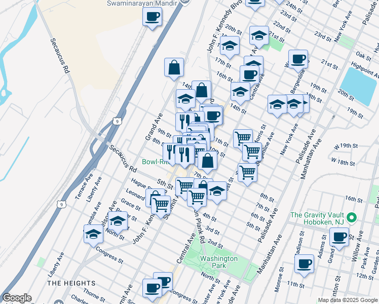 map of restaurants, bars, coffee shops, grocery stores, and more near 803 John F. Kennedy Boulevard in North Bergen