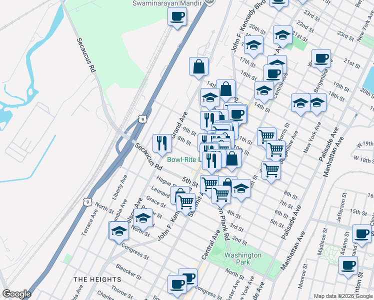 map of restaurants, bars, coffee shops, grocery stores, and more near 1212 7th Street in North Bergen