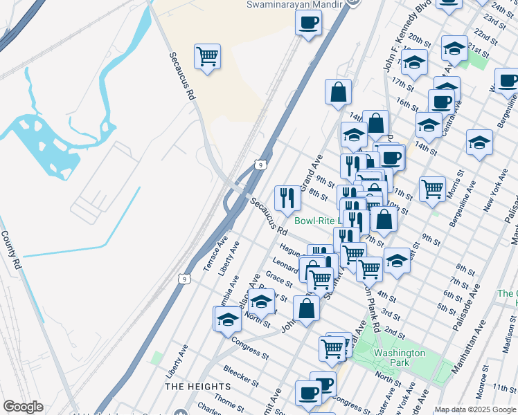 map of restaurants, bars, coffee shops, grocery stores, and more near in North Bergen