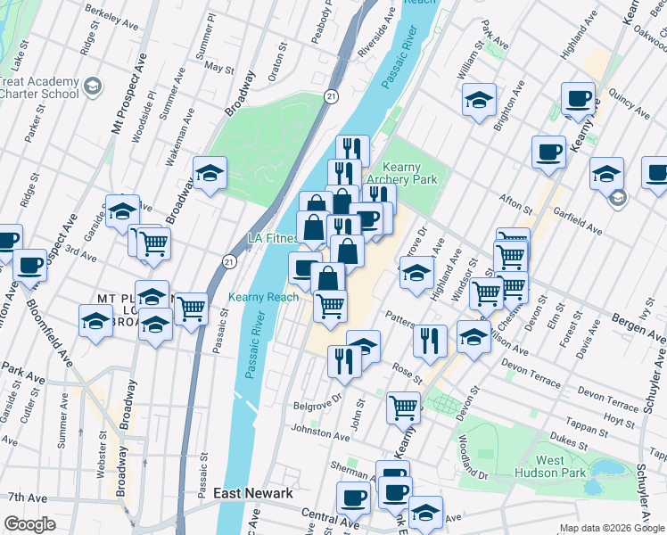map of restaurants, bars, coffee shops, grocery stores, and more near 190 County Road 699 in Kearny