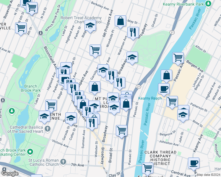map of restaurants, bars, coffee shops, grocery stores, and more near 253 Broadway in Newark