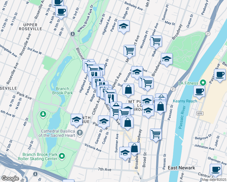 map of restaurants, bars, coffee shops, grocery stores, and more near 230 Garside Street in Newark