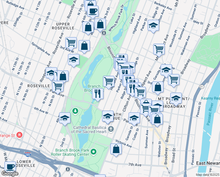 map of restaurants, bars, coffee shops, grocery stores, and more near 257 Lake Street in Newark