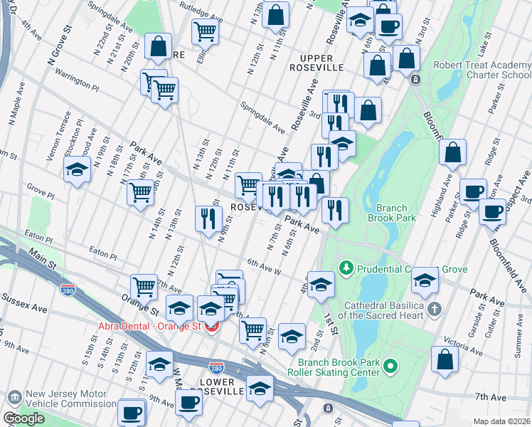 map of restaurants, bars, coffee shops, grocery stores, and more near in Newark