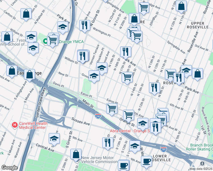 map of restaurants, bars, coffee shops, grocery stores, and more near 100 North 18th Street in East Orange