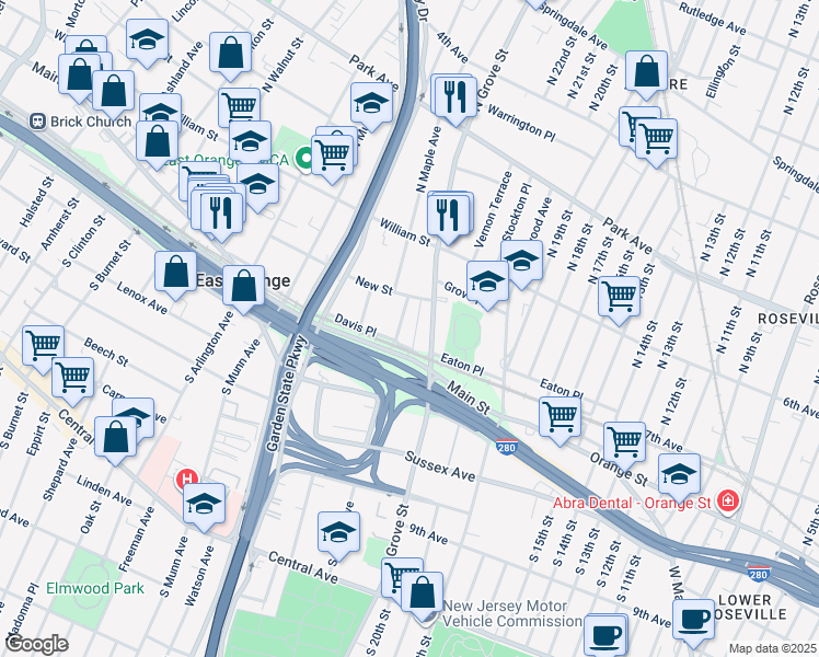 map of restaurants, bars, coffee shops, grocery stores, and more near 51 North Maple Avenue in East Orange