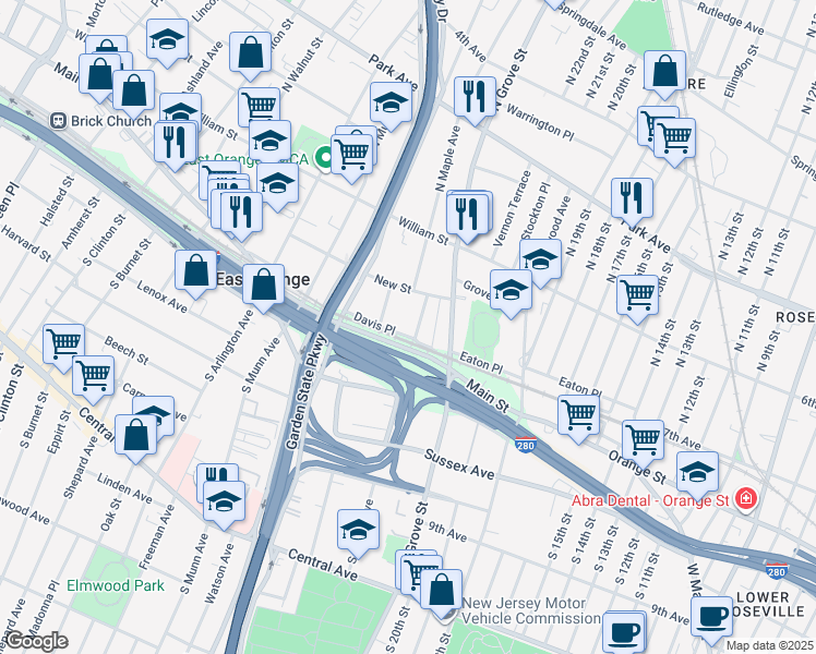 map of restaurants, bars, coffee shops, grocery stores, and more near 51 North Maple Avenue in East Orange