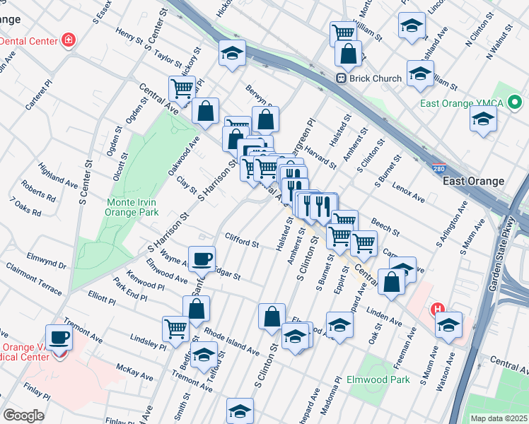 map of restaurants, bars, coffee shops, grocery stores, and more near 543 Central Avenue in East Orange