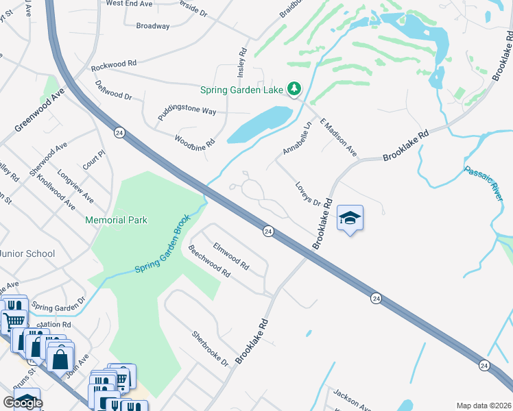 map of restaurants, bars, coffee shops, grocery stores, and more near 126 Brandywyne Drive in Florham Park