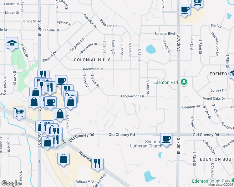 map of restaurants, bars, coffee shops, grocery stores, and more near 6424 Tanglewood Lane in Lincoln