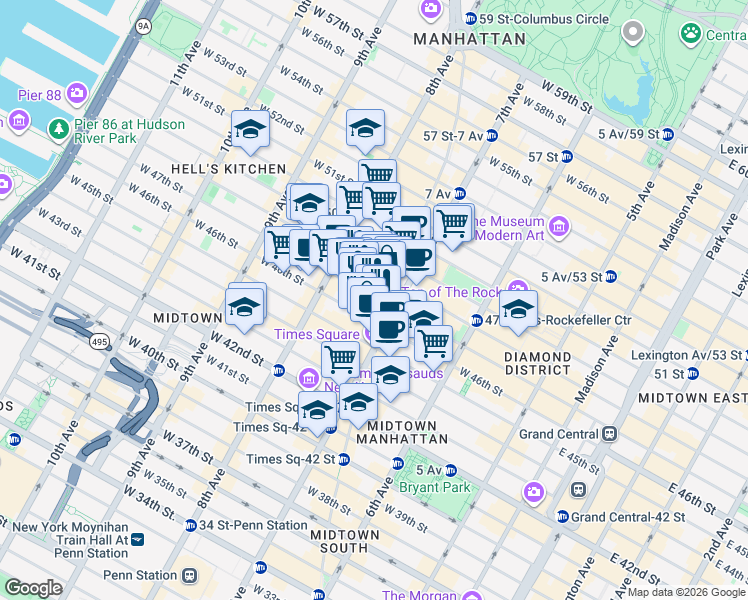 map of restaurants, bars, coffee shops, grocery stores, and more near 1567 Broadway in New York