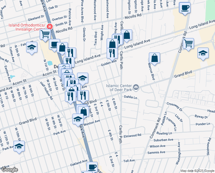 map of restaurants, bars, coffee shops, grocery stores, and more near 84 E 6th St in Deer Park