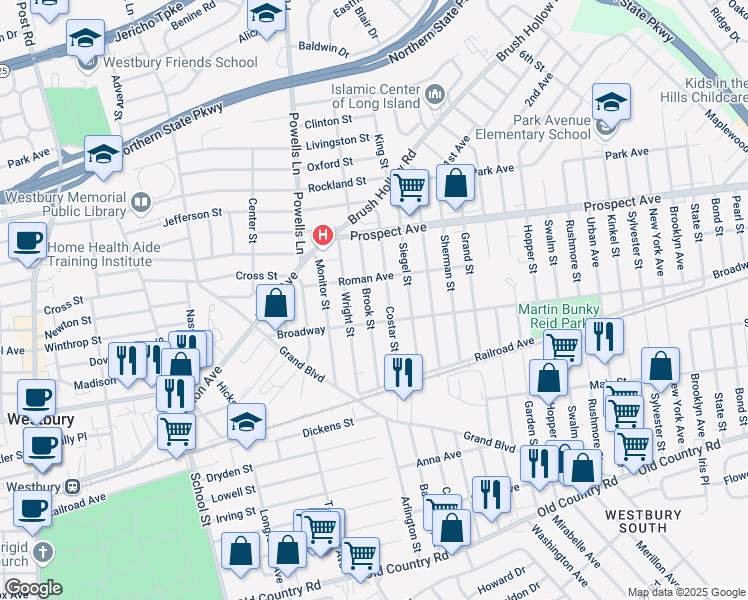 map of restaurants, bars, coffee shops, grocery stores, and more near 254 Brook Street in Westbury