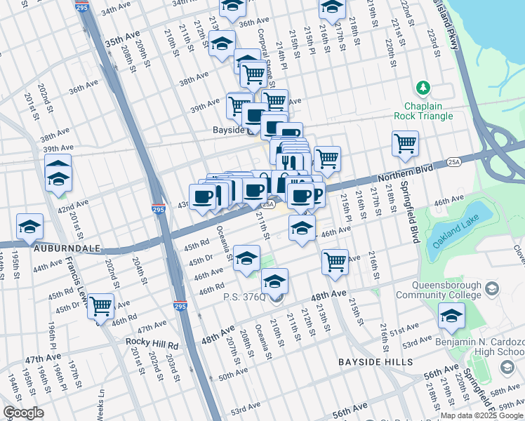 map of restaurants, bars, coffee shops, grocery stores, and more near 211-02 Northern Blvd in Queens
