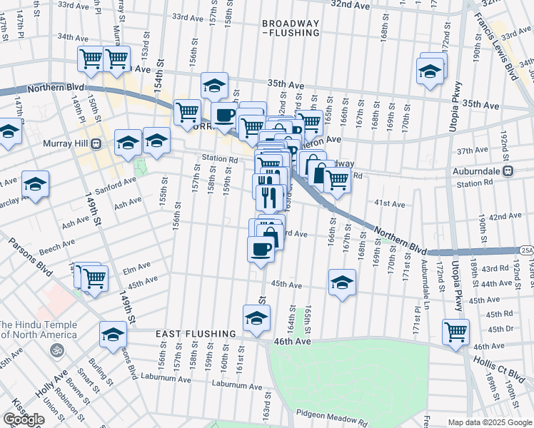 map of restaurants, bars, coffee shops, grocery stores, and more near 42-26 162nd Street in Queens